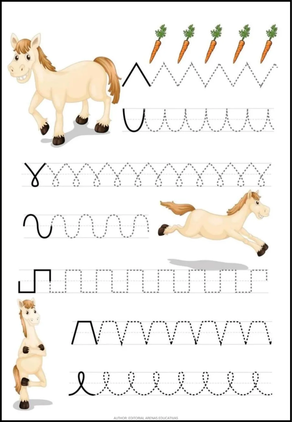 Tracing practice sheet 5 of 6: solid models lead into dotted peaks, U-shaped curves, loops, waves, and steps