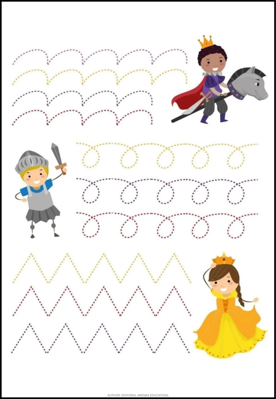 Tracing practice sheet 6 of 6: repeated dotted curved humps, downward loops, and zigzags for stroke practice