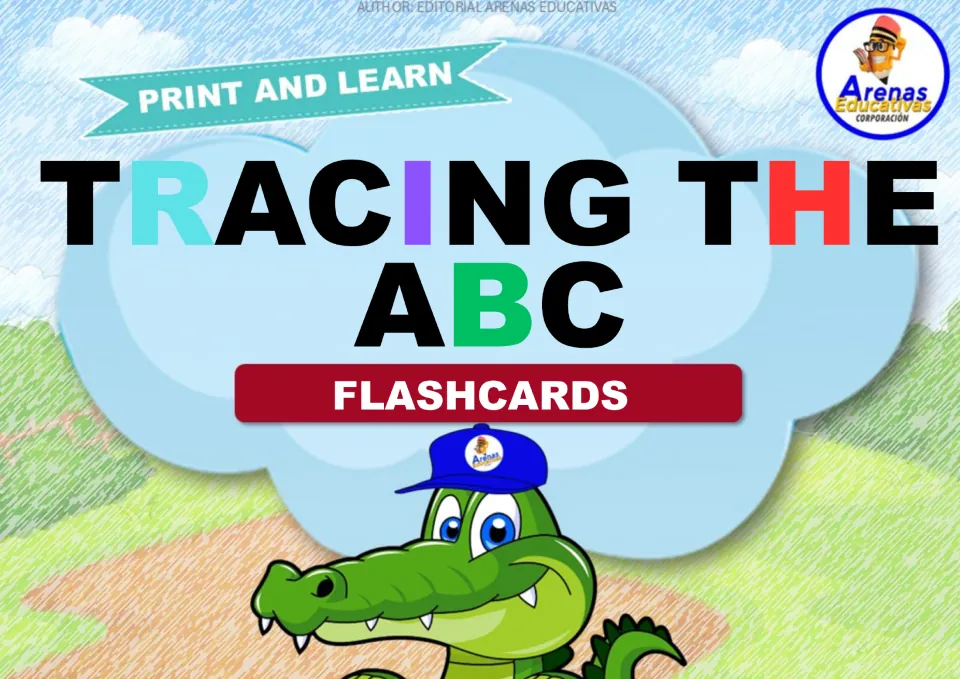 Cover of Tracing the ABC Flashcards, a Print and Learn set, with a smiling cartoon crocodile in a blue cap