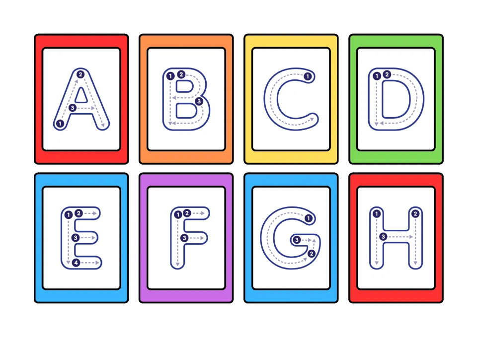 Letter tracing cards A to H: students trace each dotted capital letter following numbered arrows for stroke order