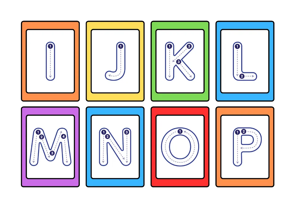 Capital letters I to P on cards: students trace along dashed paths, starting at each numbered dot to learn stroke order