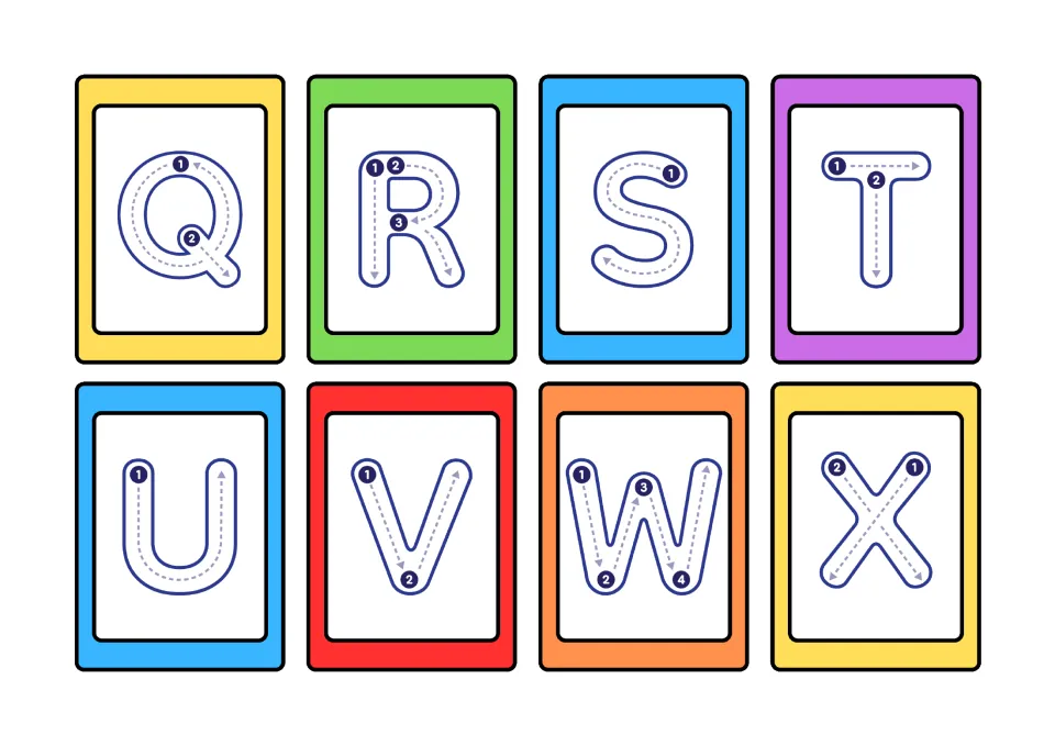 Uppercase Q to X tracing cards: children follow numbered start points and arrows to form each letter in the right order