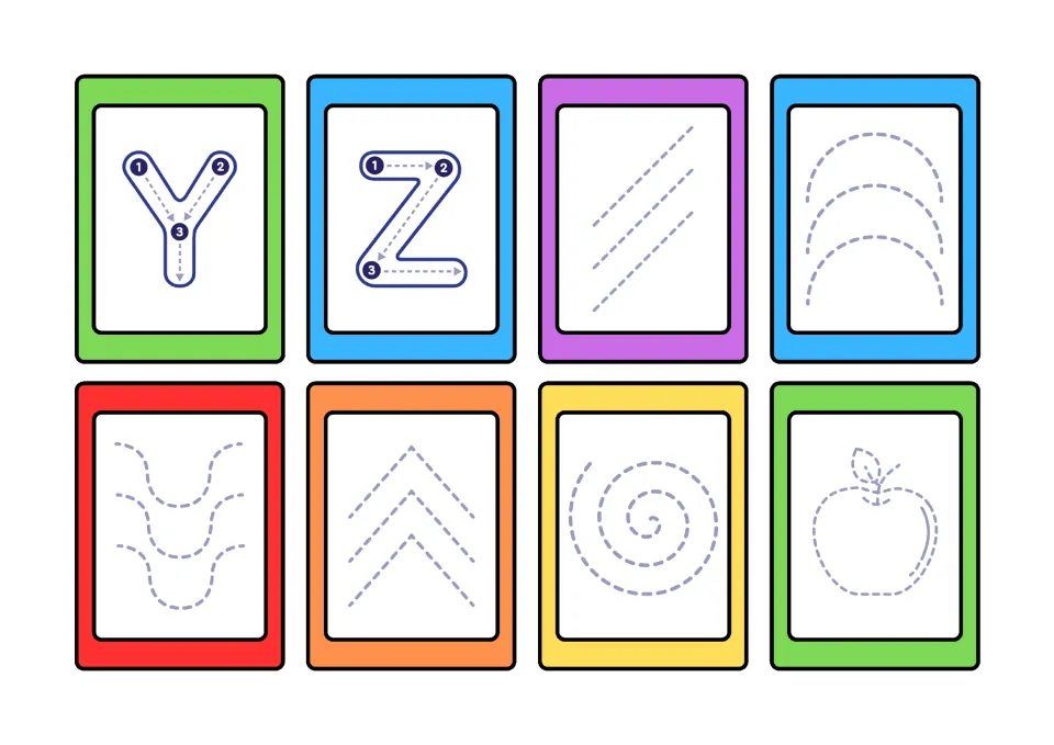 Y and Z letter cards plus pre-writing tracing of dashed slanted lines, arches, waves, zigzags, a spiral and an apple