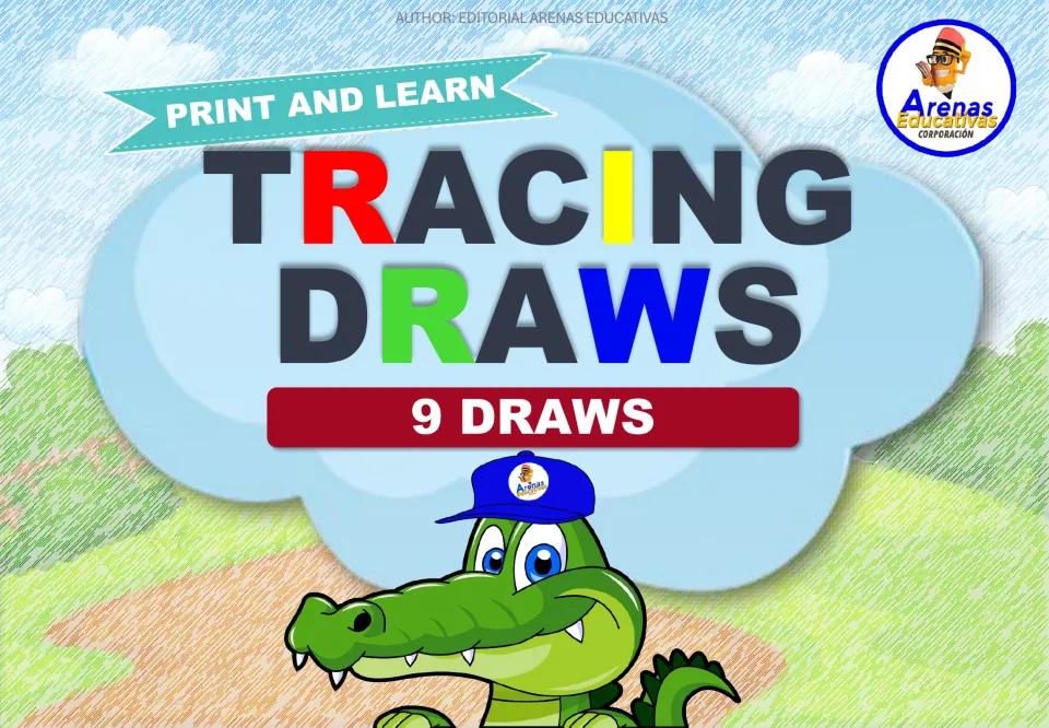 Tracing Draws cover: Print and Learn set of 9 draws, shown with a cartoon crocodile in a blue cap in a grassy park