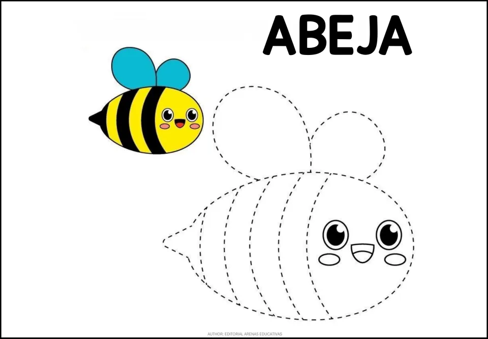 Bee (ABEJA) tracing: students trace the dotted outline of a smiling bee's body, stripes and wings beside a color model