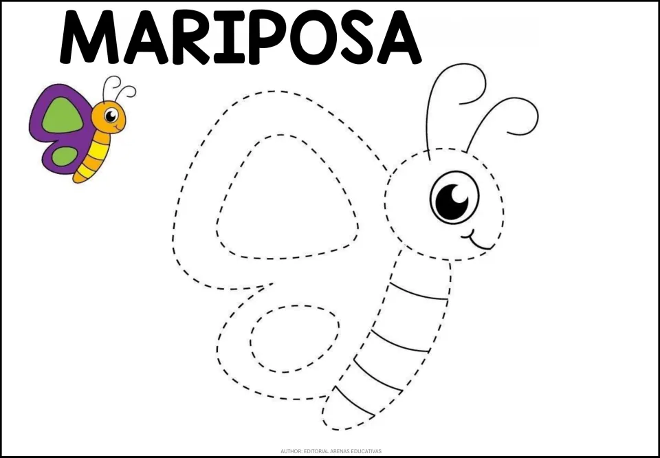 Butterfly (MARIPOSA) tracing: students trace the dotted wings and striped body of a side-view butterfly, purple model