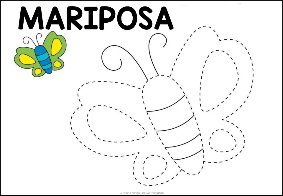 Second butterfly (MARIPOSA) tracing: students trace four dotted wings around a striped body, with a green and blue model
