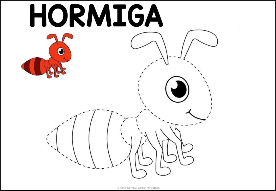 Ant (HORMIGA) tracing: students trace the dotted head, body and abdomen of a smiling ant, with a red ant as the model