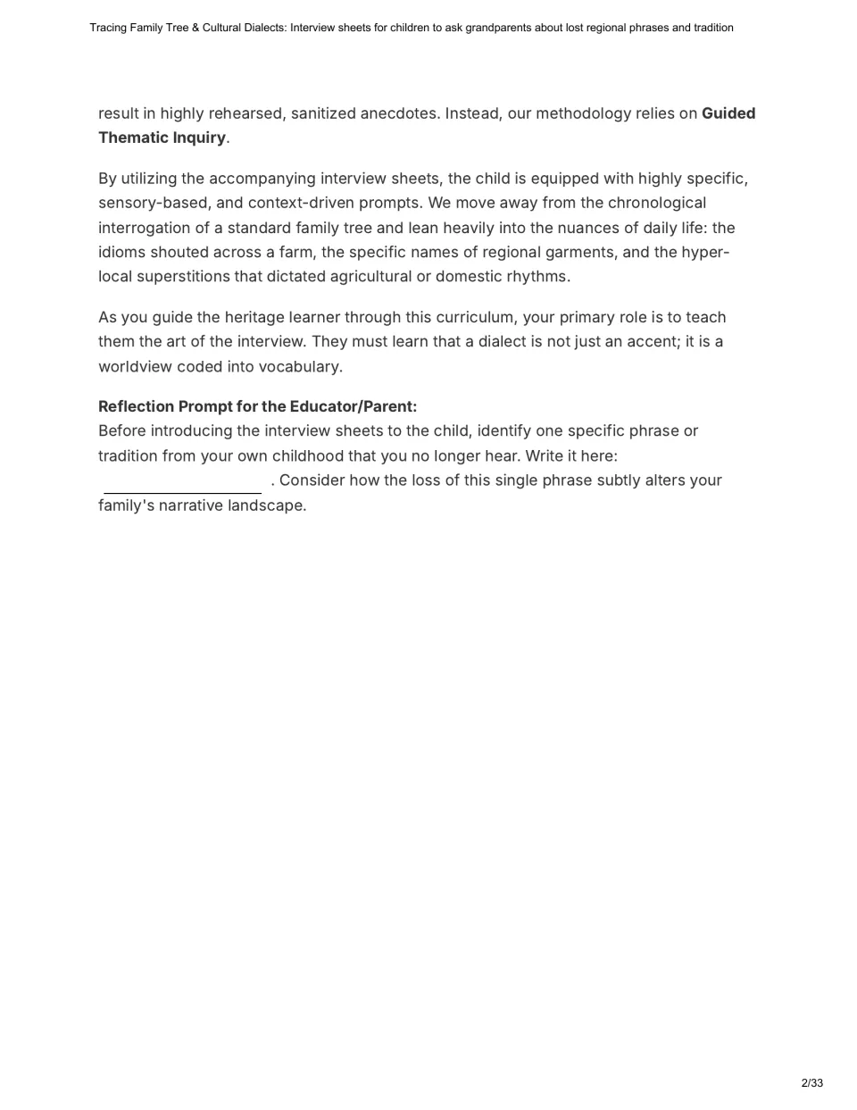 Educator guide continuation on guided thematic inquiry, sensory prompts, and a childhood phrase reflection