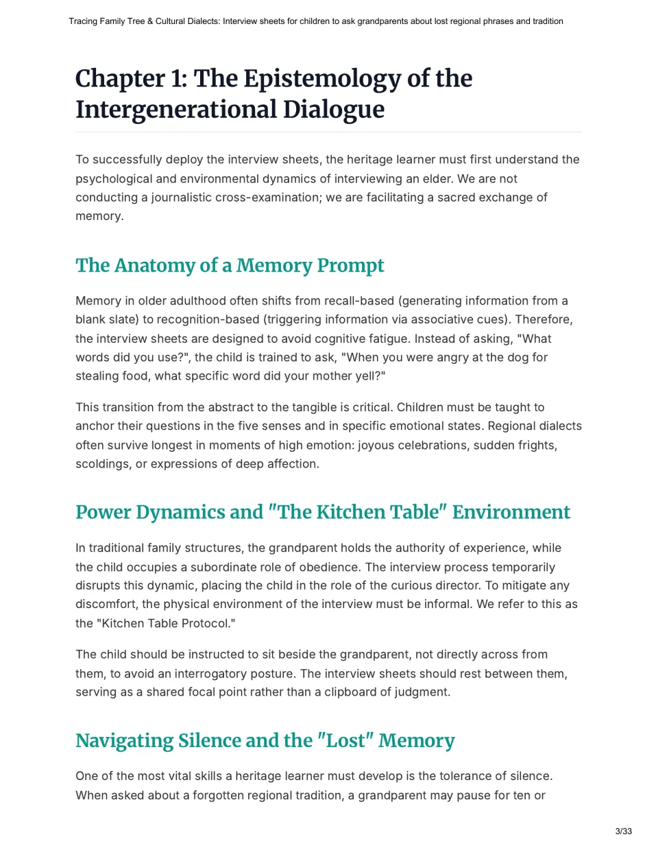 Chapter 1 of the educator guide introduces memory prompts, informal interviews, and allowing silence