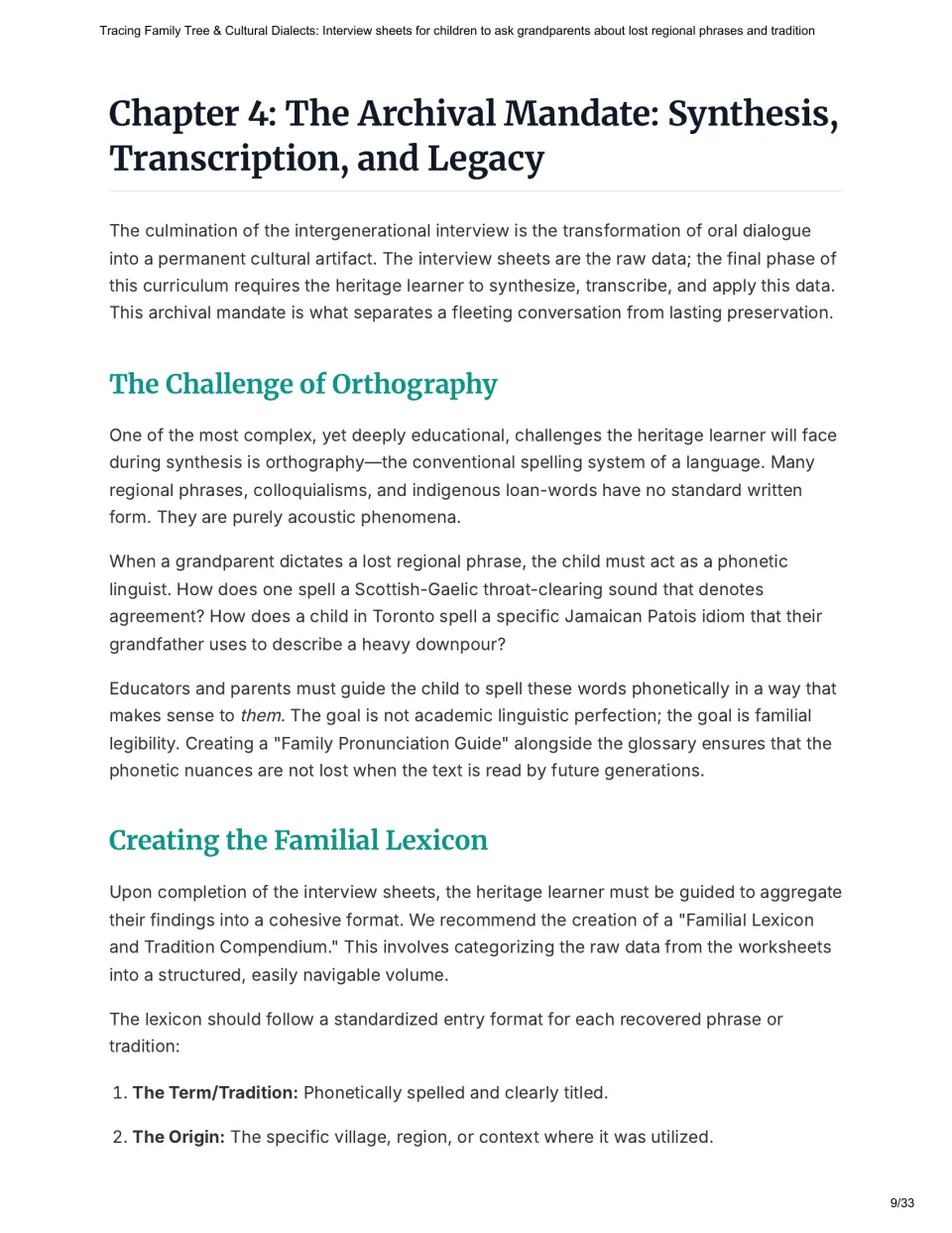 Chapter 4 explains phonetic spelling, a family pronunciation guide, and organizing a family glossary