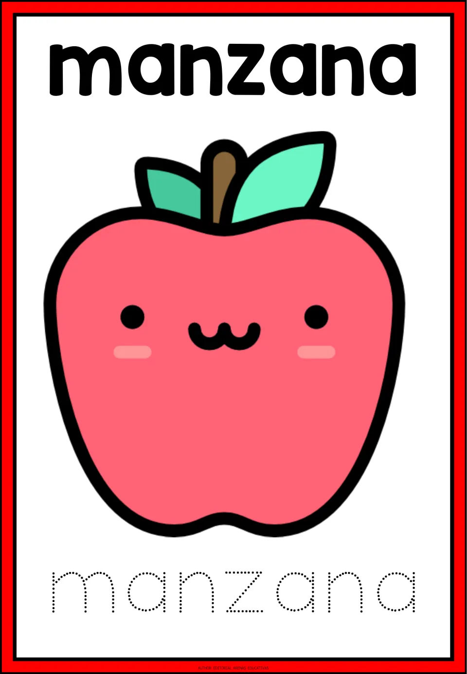 Spanish fruit word manzana: students trace the dotted letters of manzana under a large smiling red apple picture