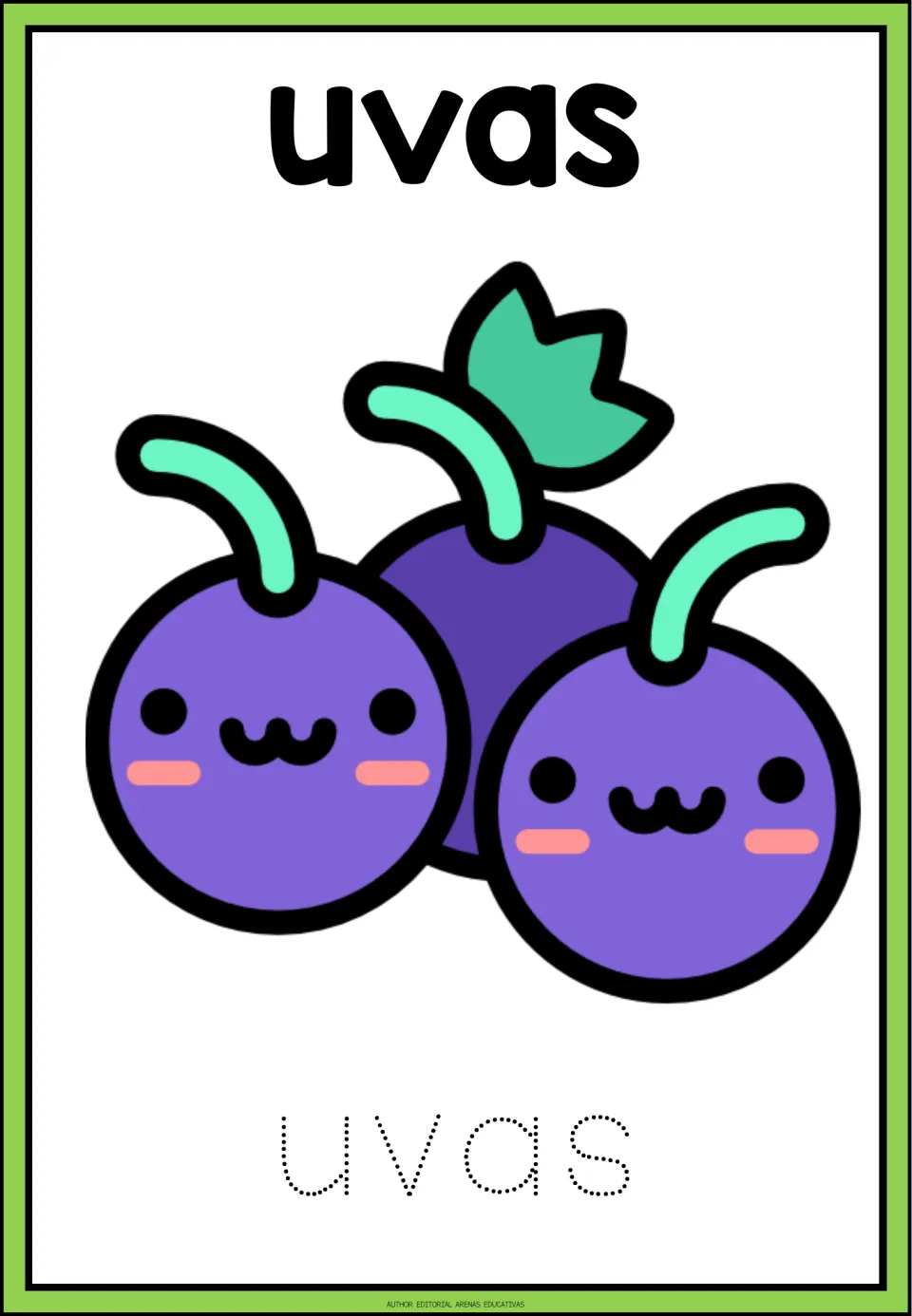 Spanish fruit word uvas: students trace the four dotted letters of uvas below three smiling purple grapes