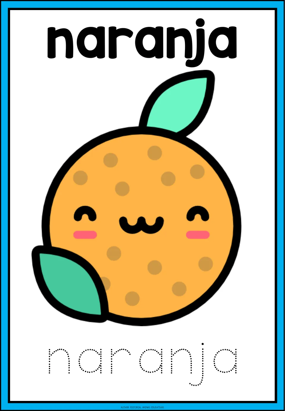 Spanish fruit word naranja: students trace the dotted letters, including the descending j, under a smiling orange