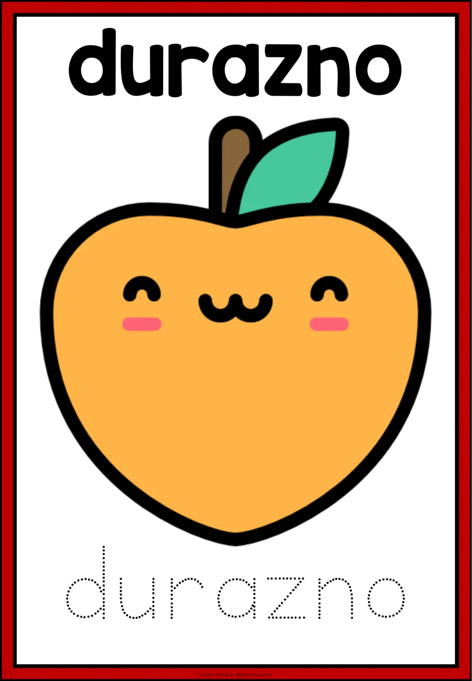 Spanish fruit word durazno: students trace the dotted word durazno beneath a smiling orange peach with one leaf