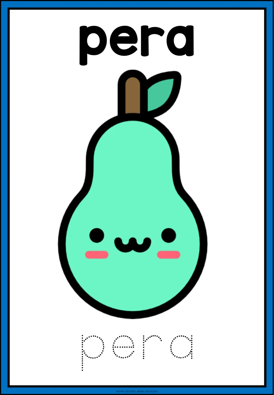 Spanish fruit word pera: students trace the four dotted letters of pera below a smiling green pear with a stem