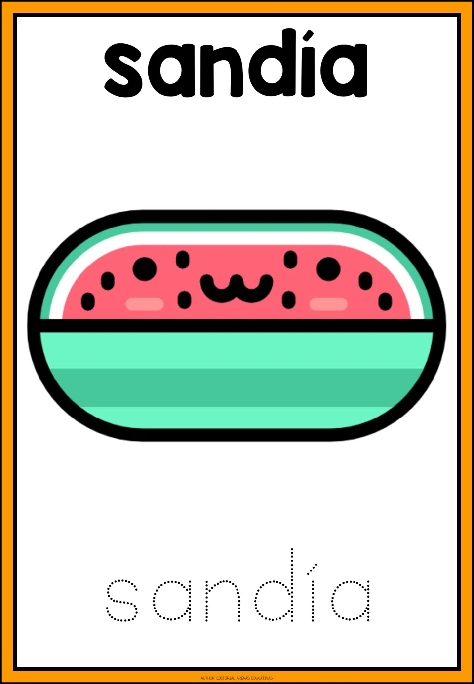Spanish fruit word sandía: students trace the dotted word with its accented í beneath a smiling watermelon slice