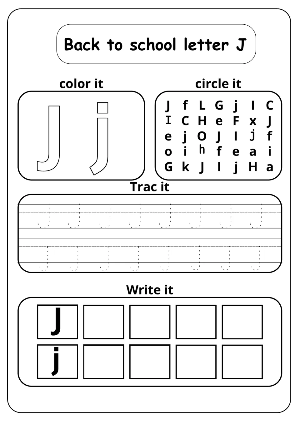 Back to school letter J: students color J and j, circle J in a letter grid, trace dotted rows and write both