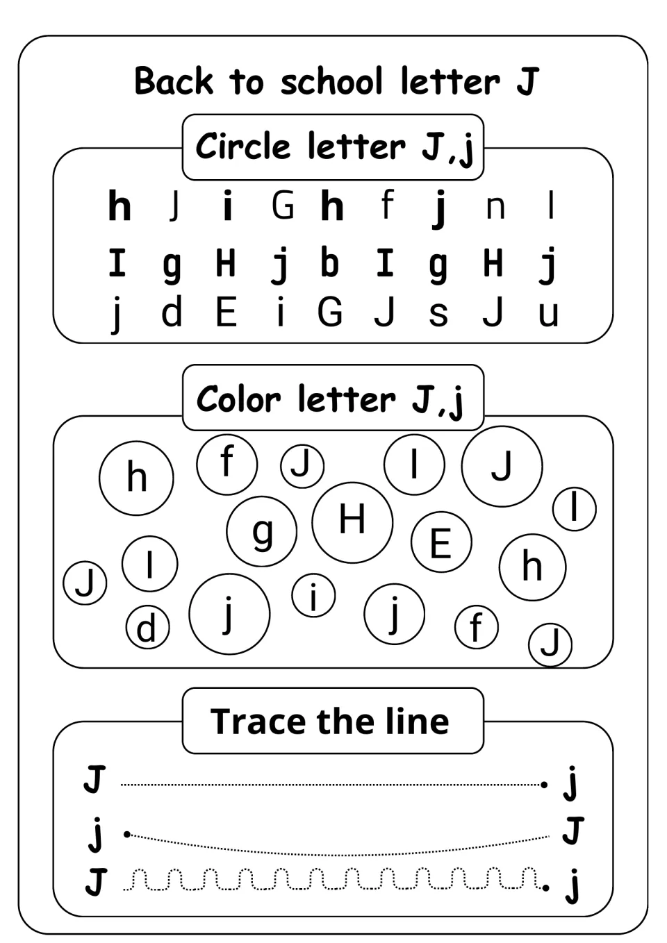 Letter J recognition: students circle J and j among mixed letters, color J and j bubbles, trace three lines from J to j