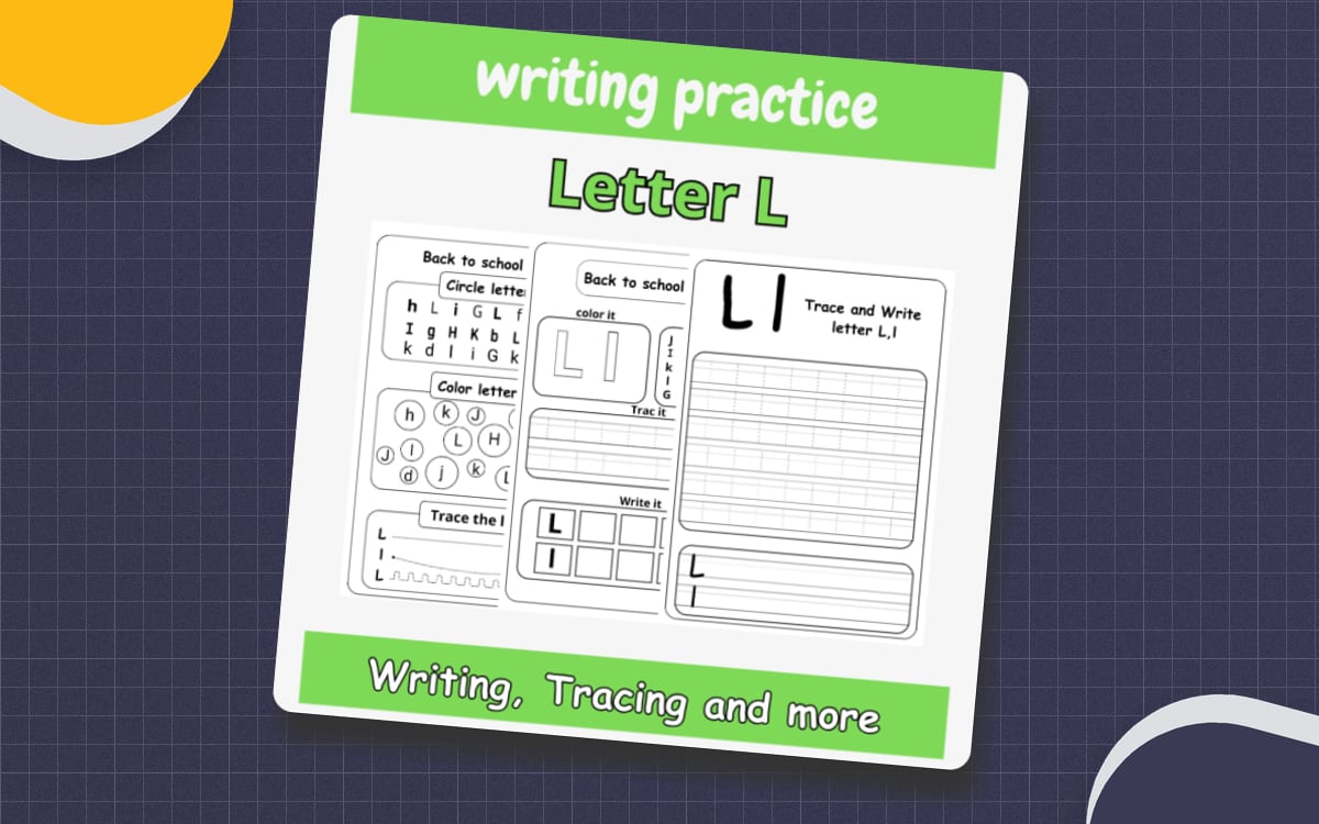 Letter L writing-practice cover with search, coloring, tracing, and independent writing pages.