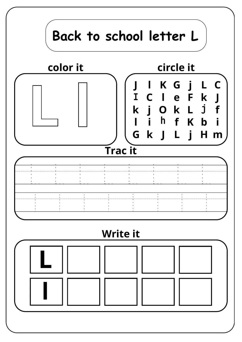 Back to school letter L: students color the capital and lowercase forms, find them in a mixed grid, then trace and write