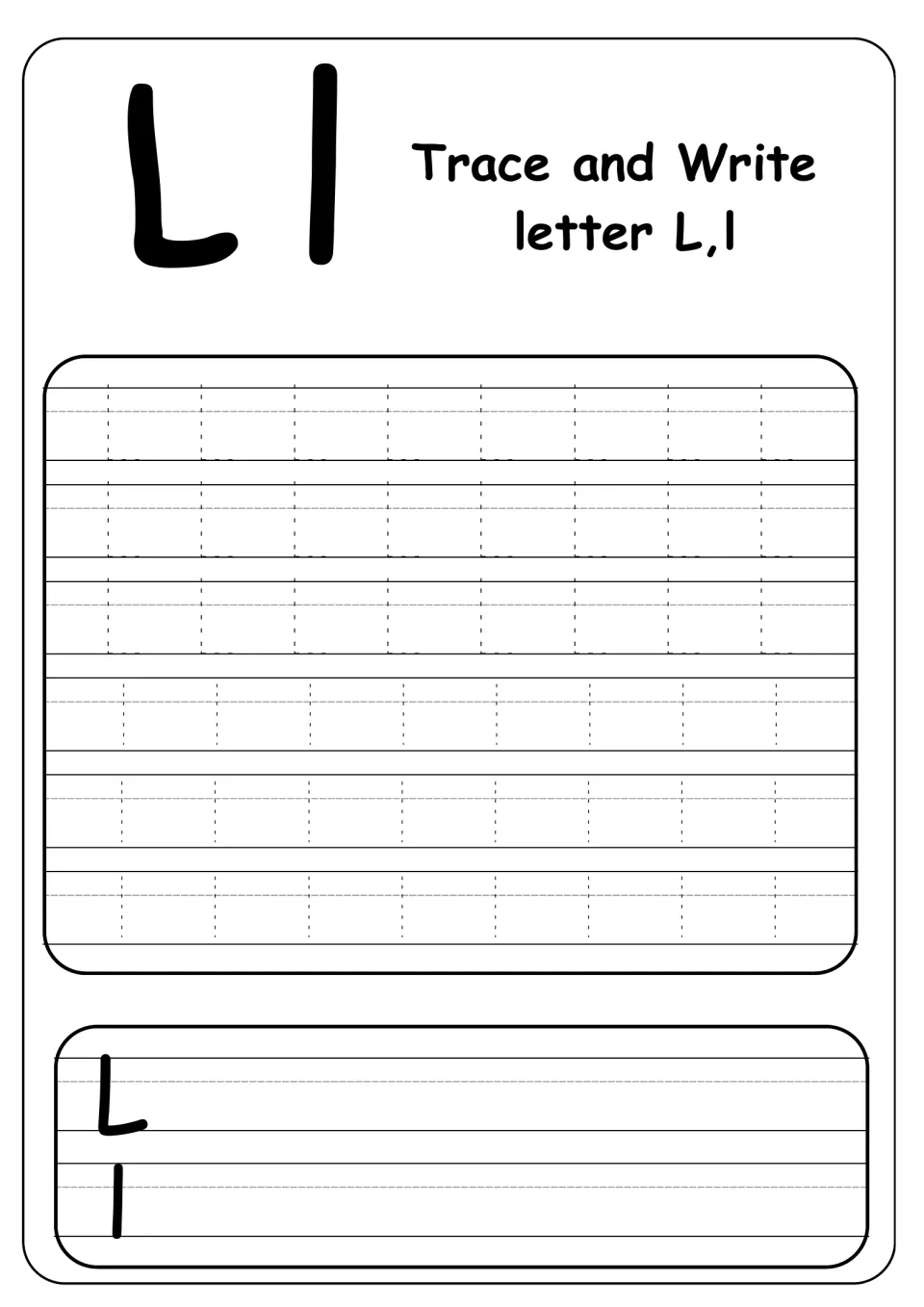Trace and write letter L,l: students trace three rows of dotted capitals and three of lowercase, then write on open lines
