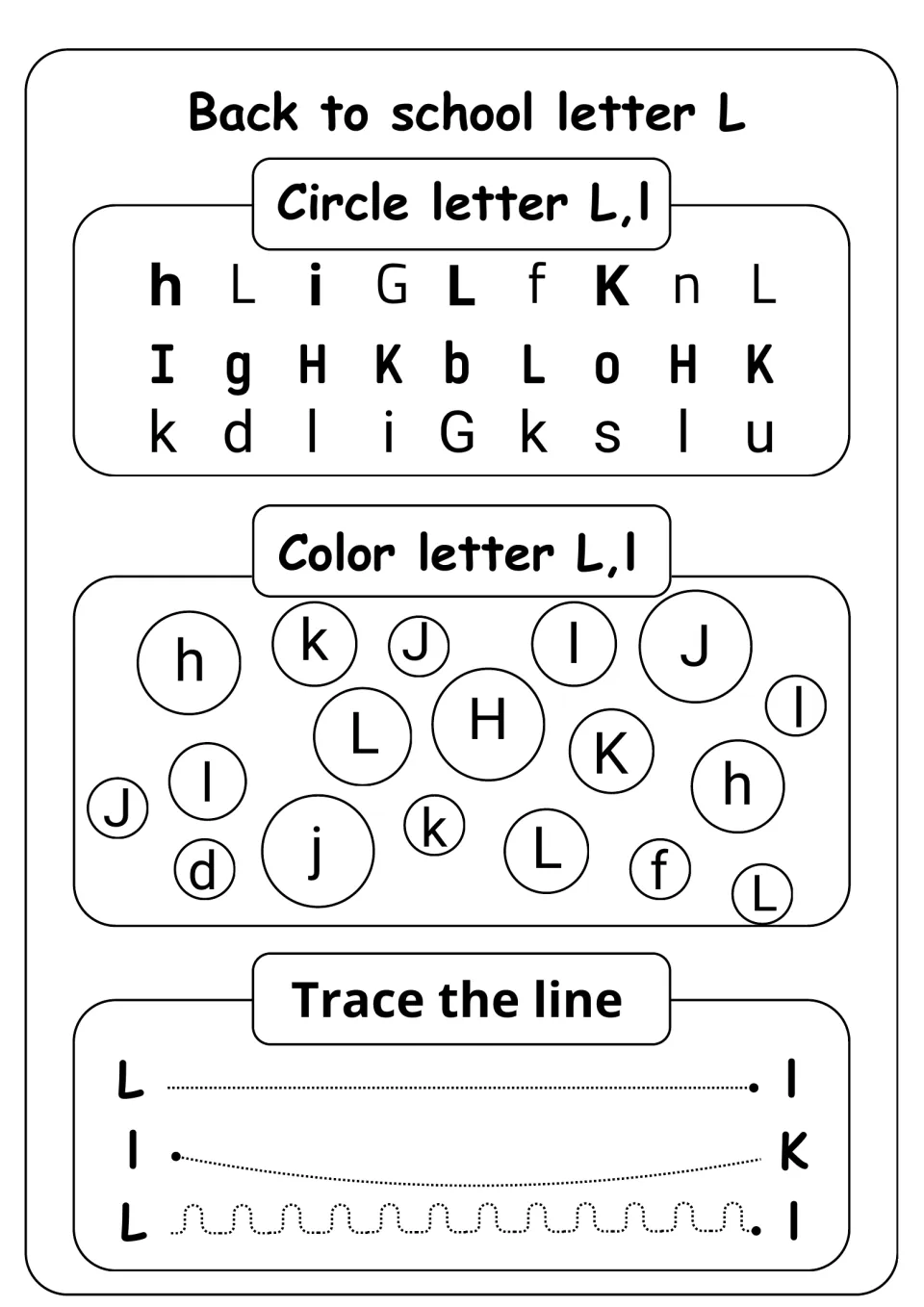 Letter recognition: students circle L and l among mixed letters, color matching bubbles and trace three dotted paths