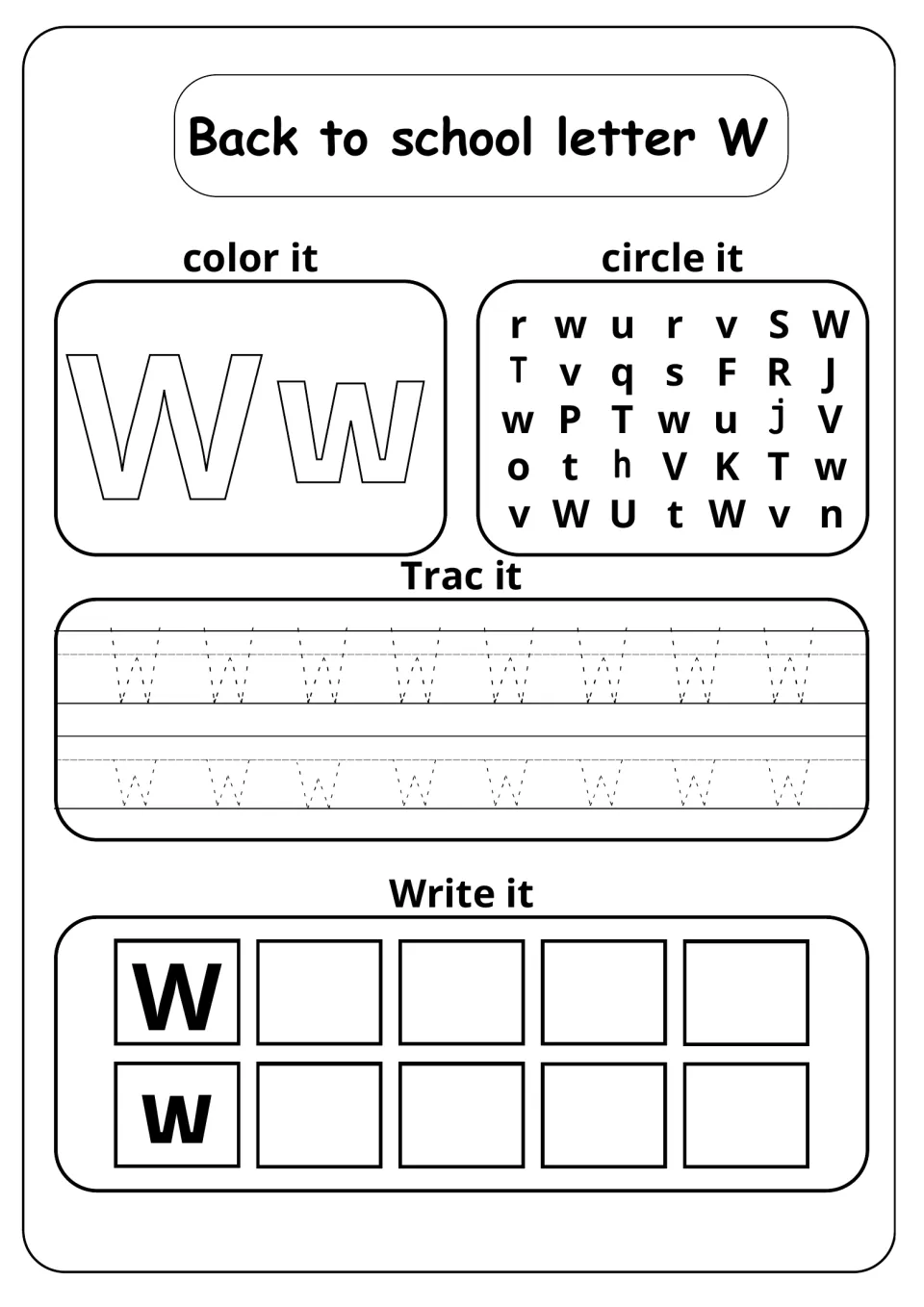 Back to school letter W: students color Ww, circle W in a letter mix, trace rows of W and w, then write each letter