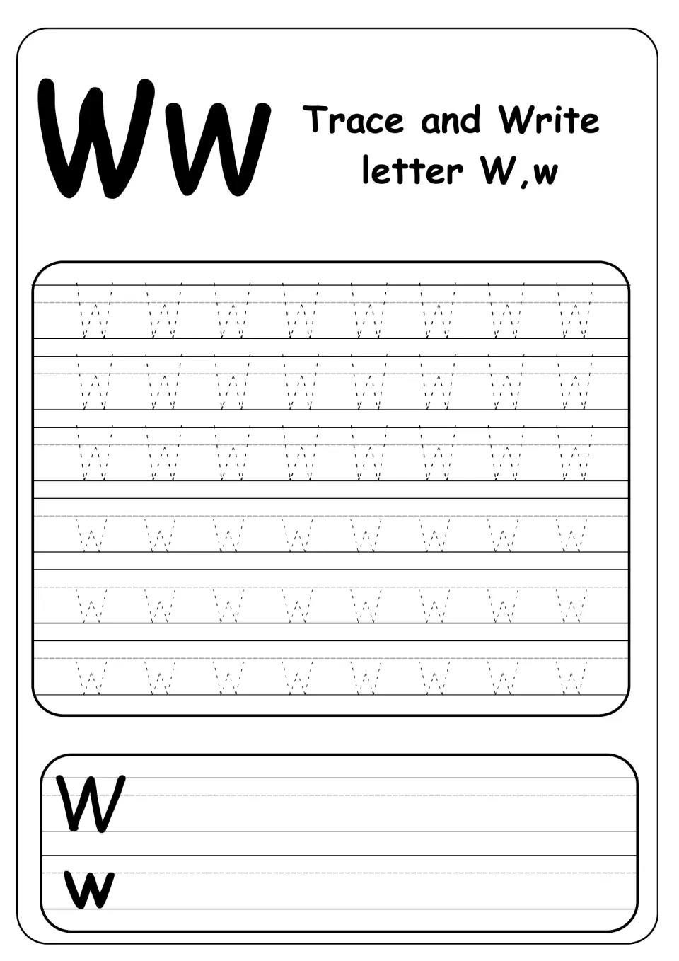 Trace and Write letter W,w: students trace three rows of dotted capital W and three of lowercase w, then write both freely
