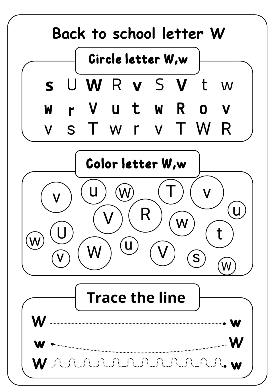 Letter W recognition: students circle W and w among similar letters, color W bubbles, and trace dotted lines from W to w