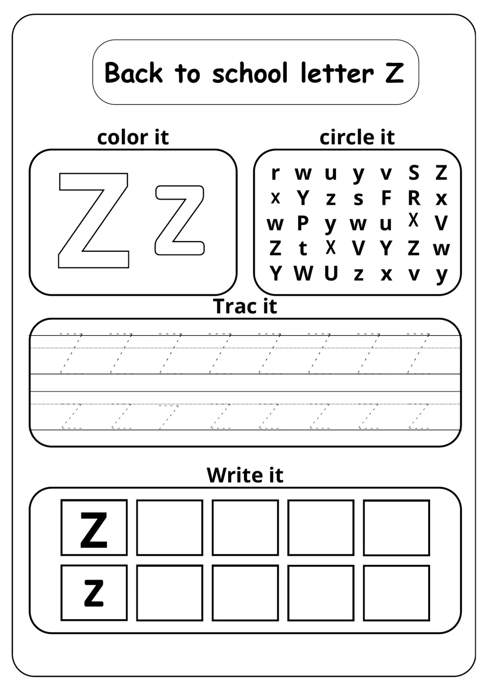 Back to school letter Z: students color a bubble Zz, circle Z and z in a letter mix, then trace and write both cases