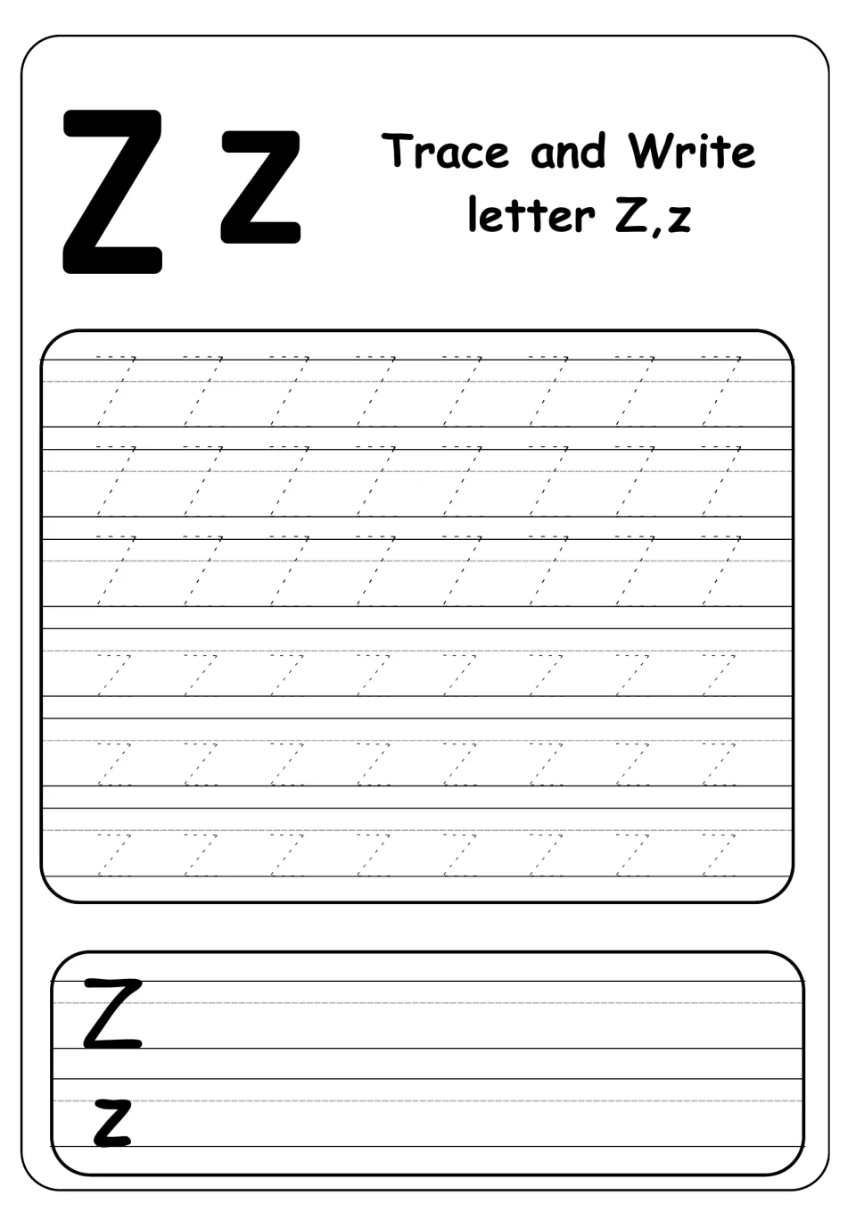 Trace and write letter Z,z: students trace rows of dotted uppercase Z and lowercase z, then write each on their own
