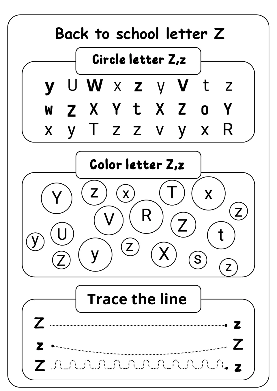 Letter Z recognition: students circle Z and z in letter rows, color Z bubbles, and trace straight, curved and wavy lines