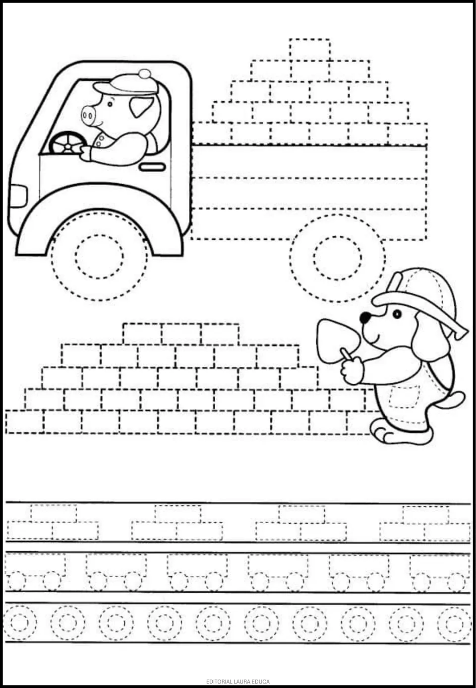 Tracing worksheet featuring a pig driving a brick truck, a dog building a wall, and repeated wheel shapes