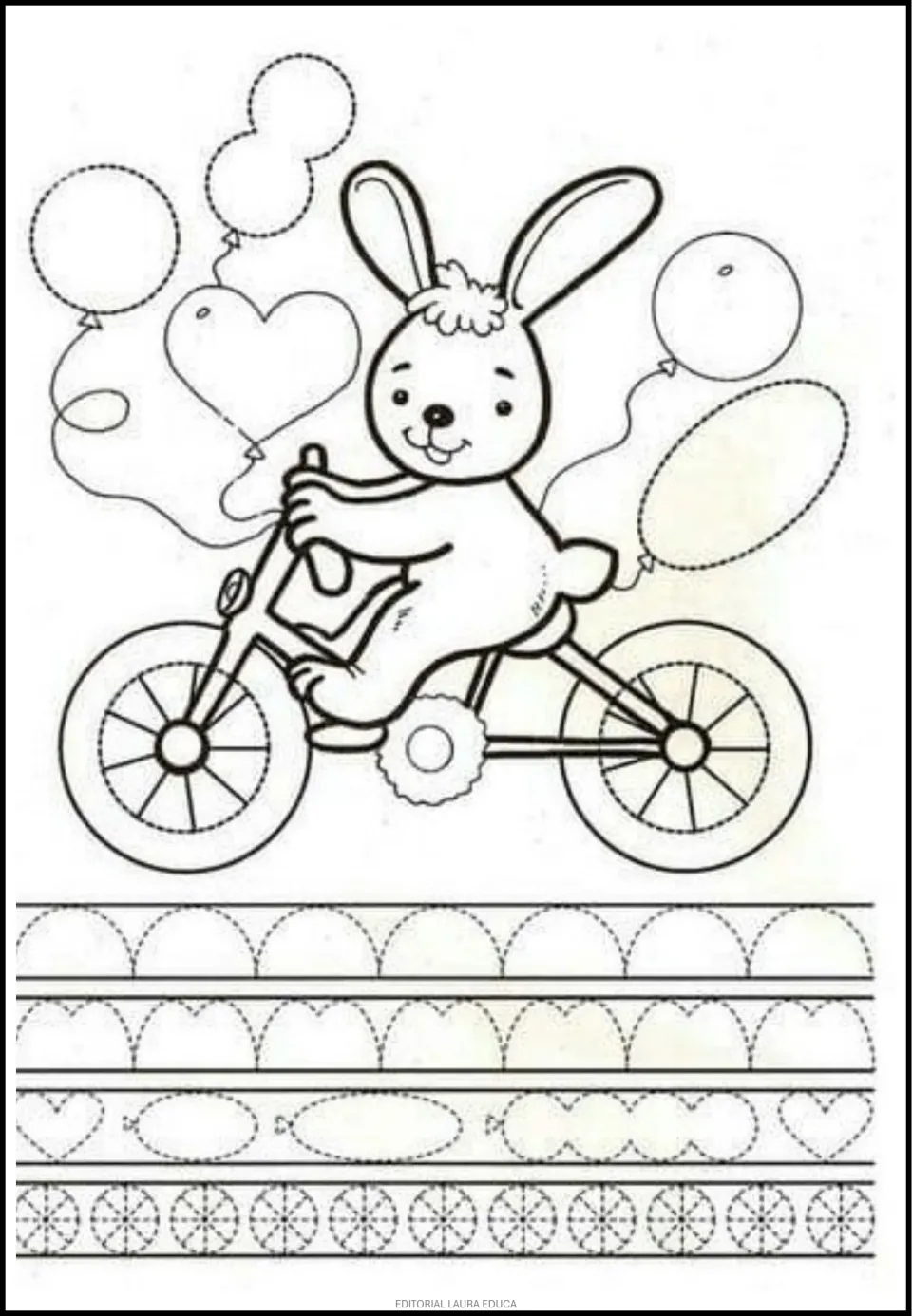 Tracing worksheet featuring a rabbit riding a bicycle, balloons, and repeated arches, hearts, and wheels