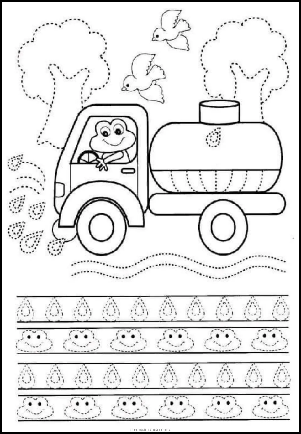 Tracing worksheet featuring a frog driving a water truck, trees, waves, and repeated drops and frog faces