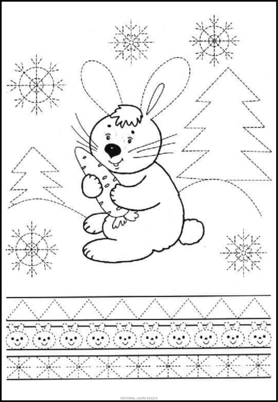 Tracing worksheet featuring a rabbit holding a carrot, snowy trees, snowflakes, zigzags, and rabbit faces