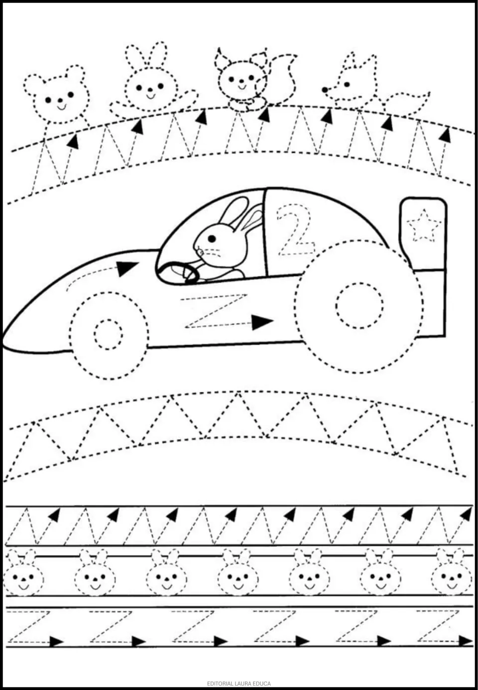 Tracing worksheet featuring a rabbit in a race car numbered 2, dotted wheels, zigzags, and rabbit faces
