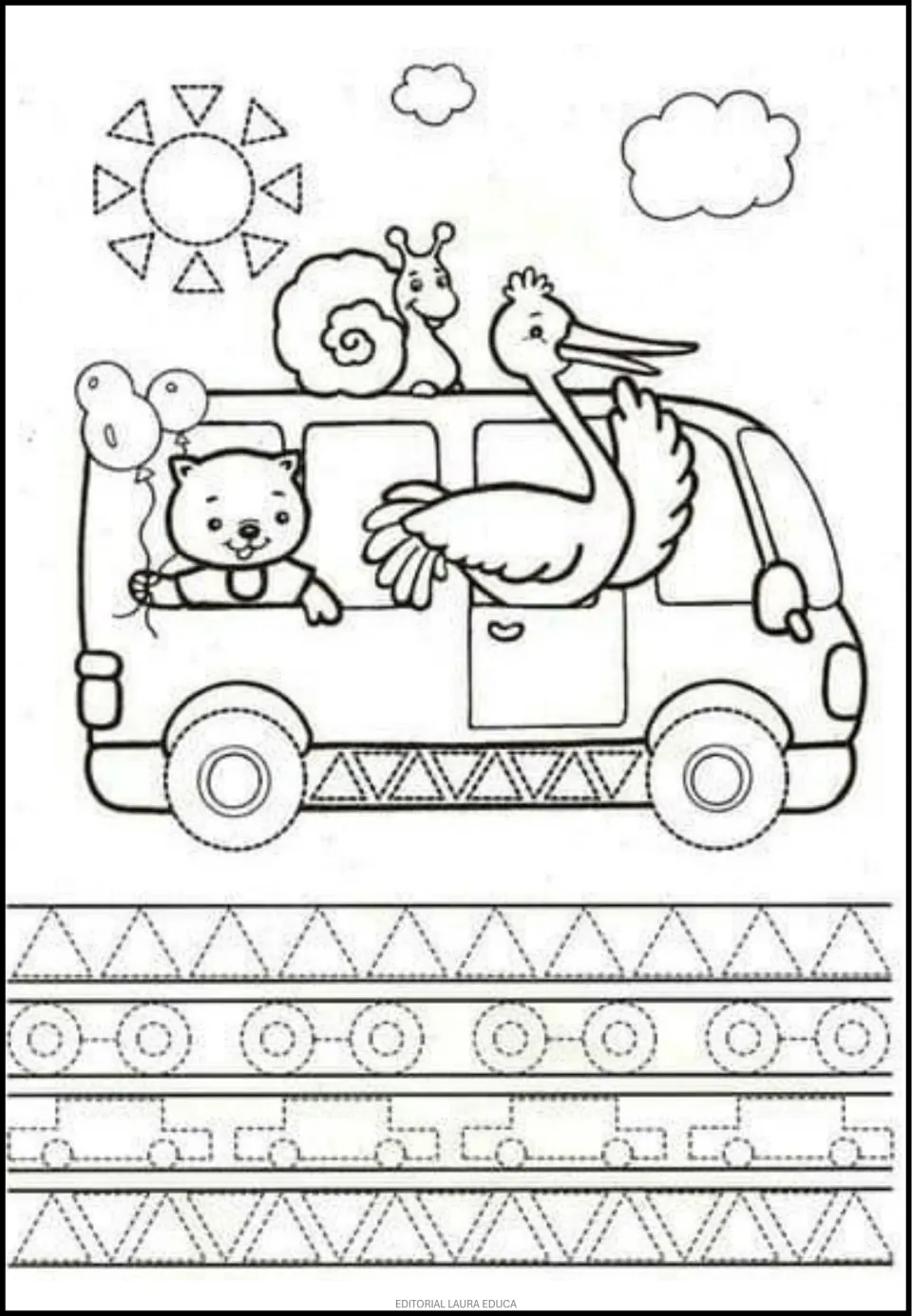 Tracing worksheet featuring an animal-filled bus, a sun, and repeated triangles, paired wheels, and buses
