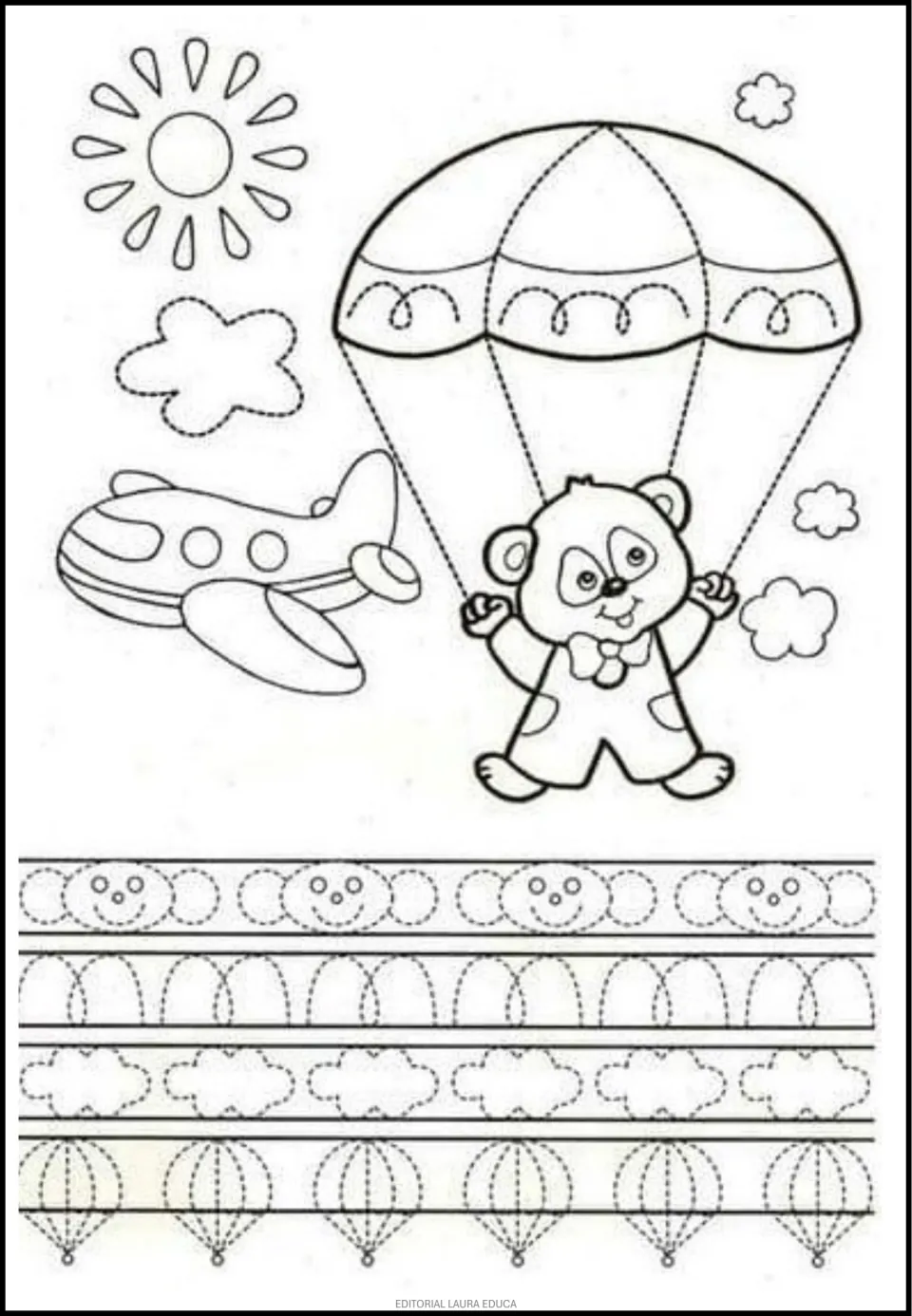 Tracing worksheet featuring a parachuting bear, an airplane, and repeated bear faces, arches, and clouds