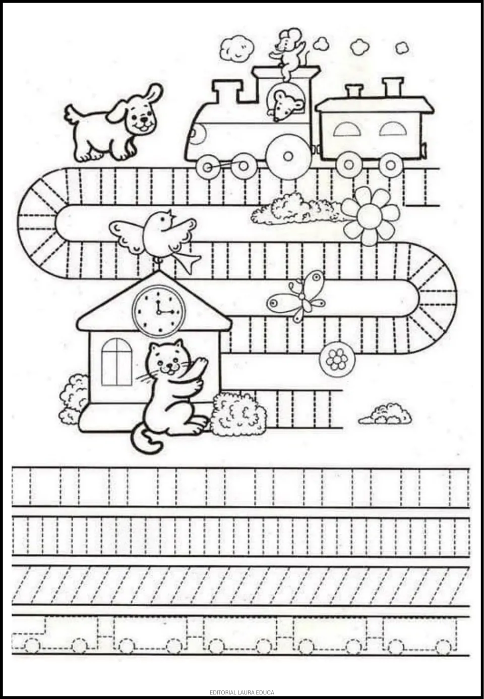 Tracing worksheet featuring a train and station, dotted railroad ties, vertical and slanted strokes, and cars
