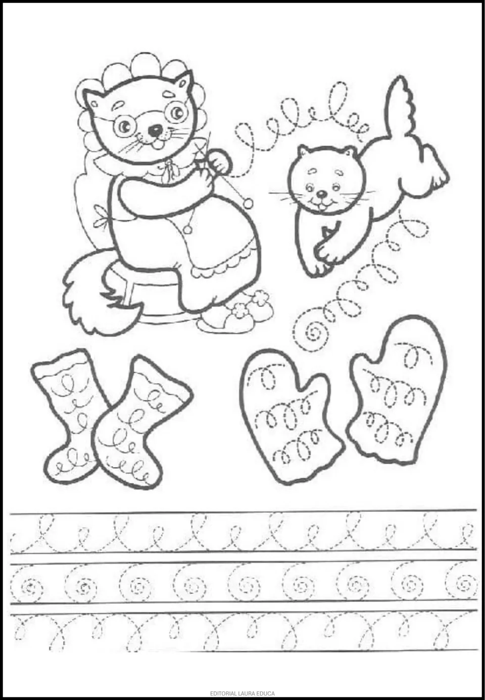 Tracing worksheet featuring a knitting cat, a kitten, socks, mittens, and repeated loops and spirals
