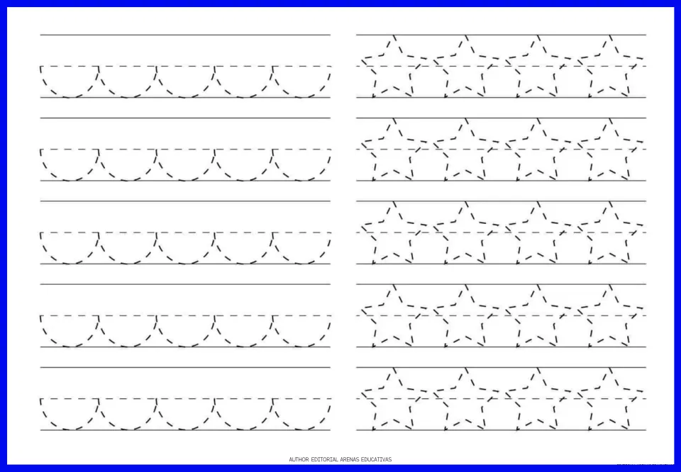Tracing exercise page 3: repeating downward semicircles and five-pointed stars for pencil stroke practice