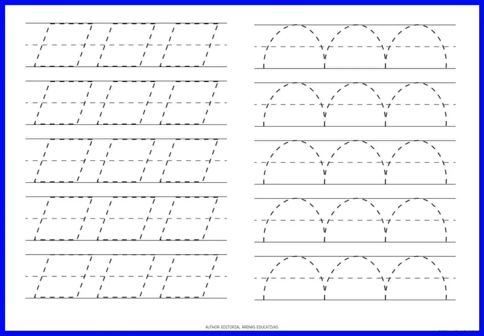 Tracing exercise page 4: repeating slanted parallelograms and rounded arches for handwriting preparation