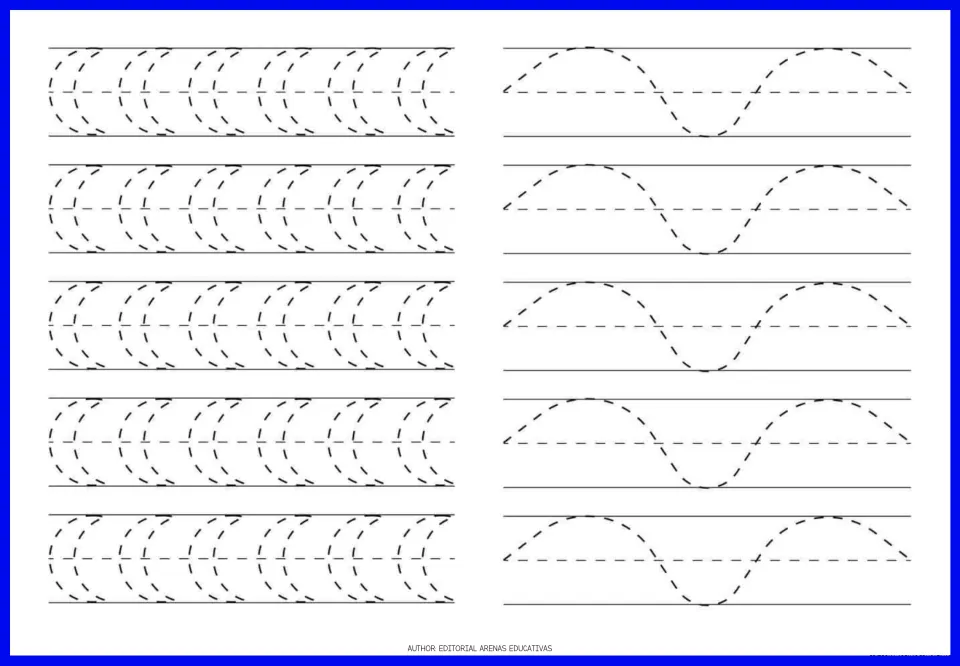 Tracing exercise page 5: repeating crescent shapes and broad flowing waves for pencil stroke practice