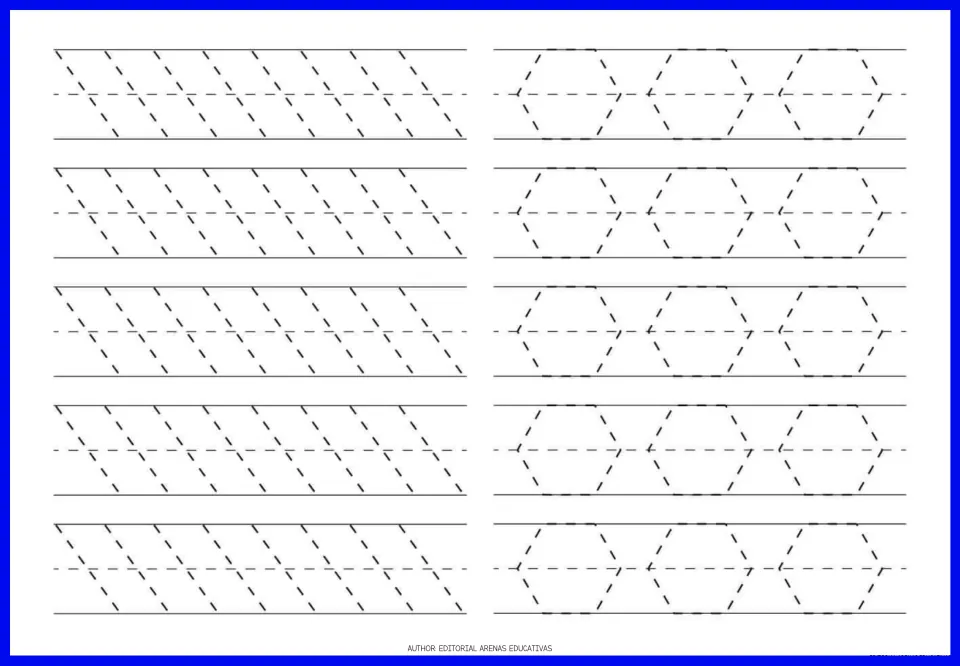 Tracing exercise page 6: repeating diagonal strokes and six-sided hexagons for handwriting preparation