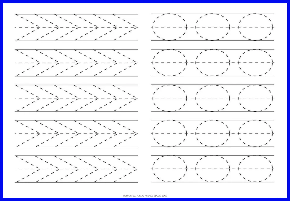 Tracing exercise page 10: repeating right-pointing chevrons and circle outlines for pencil stroke practice