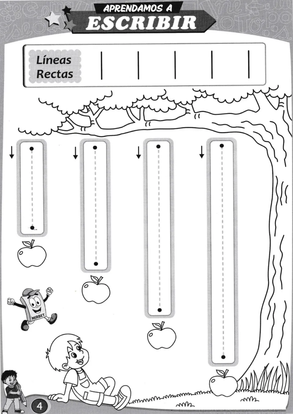 Straight-line tracing practice: four vertical paths lead down toward apples, with arrows showing direction