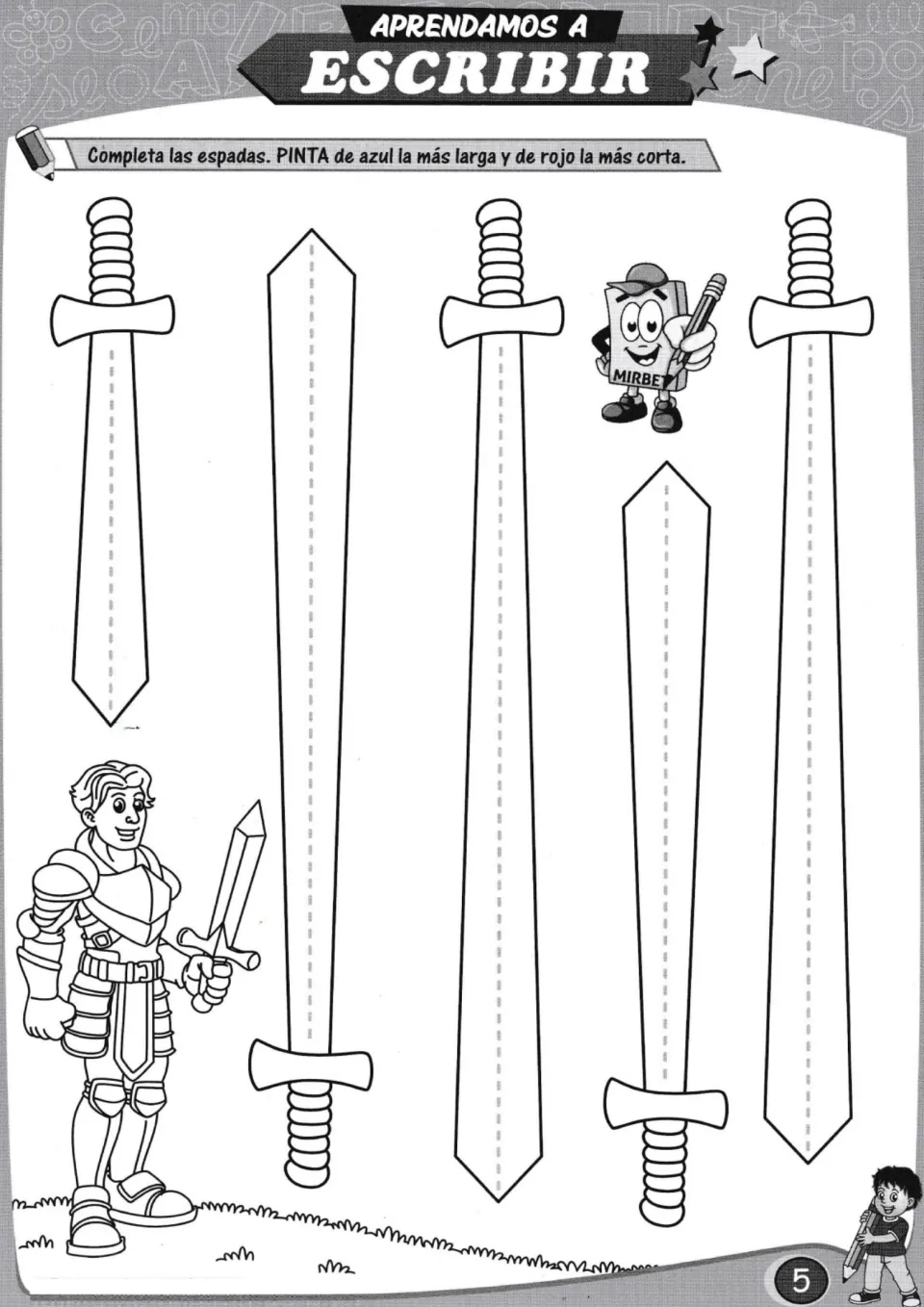 Sword tracing practice: complete five swords, then color the longest one blue and the shortest one red