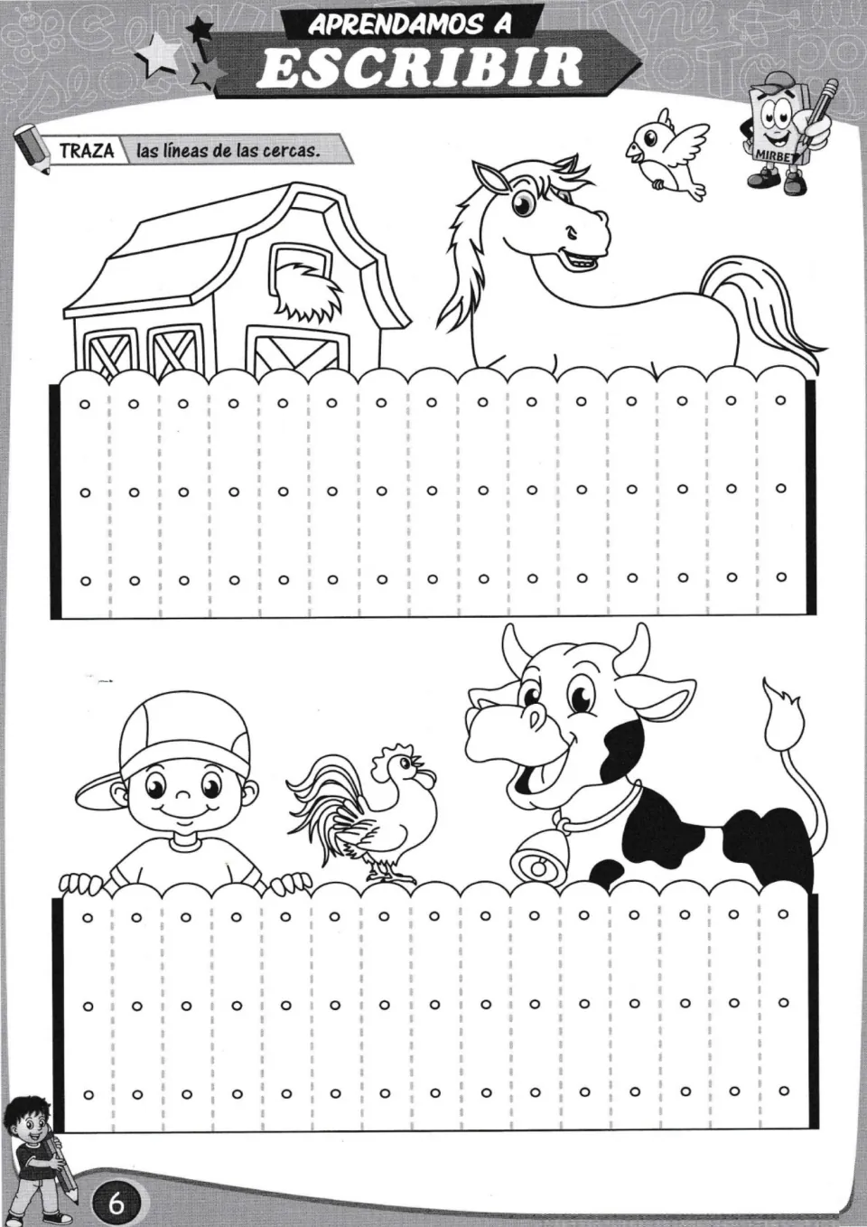 Fence tracing practice: trace vertical strokes in two farm fences beneath a horse, cow, rooster, and child